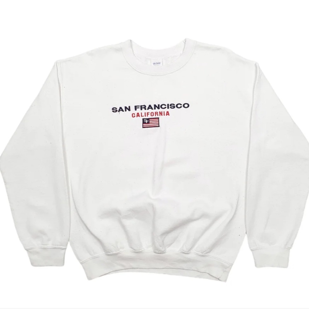 Gildan San Francisco California Spellout White Crewneck Cotton Blend Sweatshirt